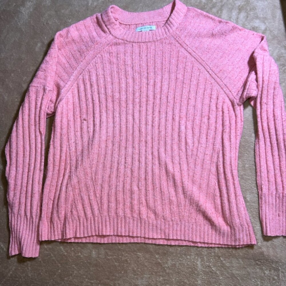 American‎ Eagle Women Small Pink Ribbed Cable Knitted Loose Pullover Sweater
